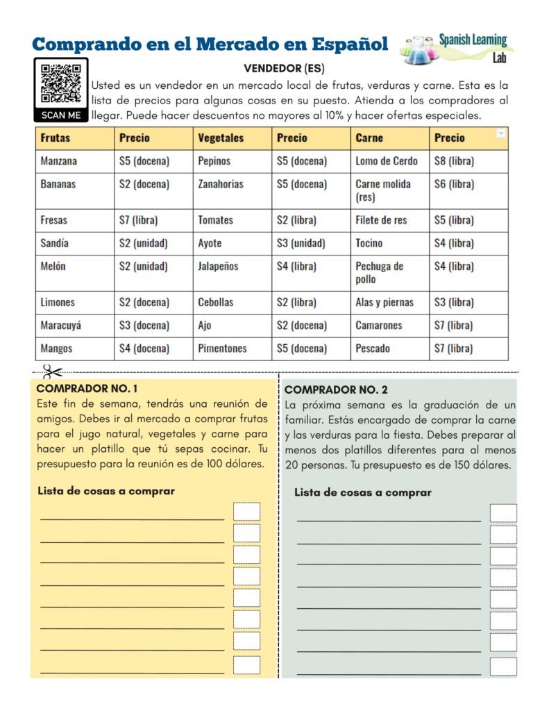 Lista De La Compra Pdf Comprando en el mercado en español - Ejercicios PDF - Spanish Learning Lab