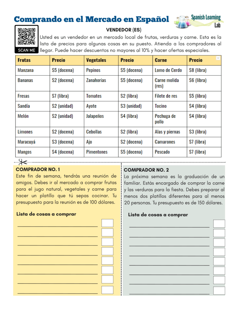 shopping at the market in Spanish PDF Worksheet comprando en el mercado en español