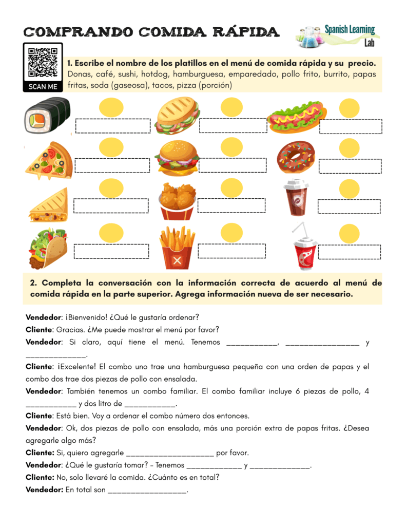 fast food restaurant Spanish pdf worksheet comprando comida rapida español ejercicios