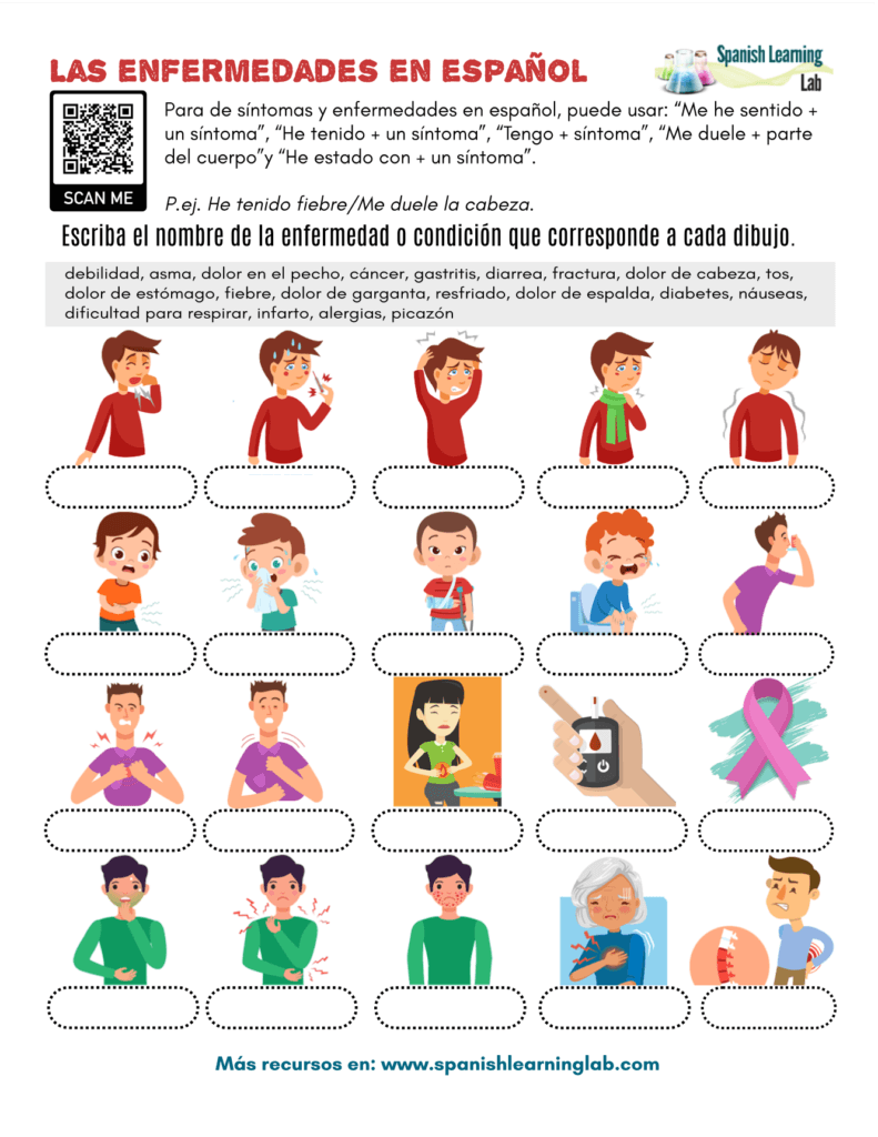 THE VOCABULARY illnesses in Spanish pdf worksheet enfermedades en español hoja de trabajo