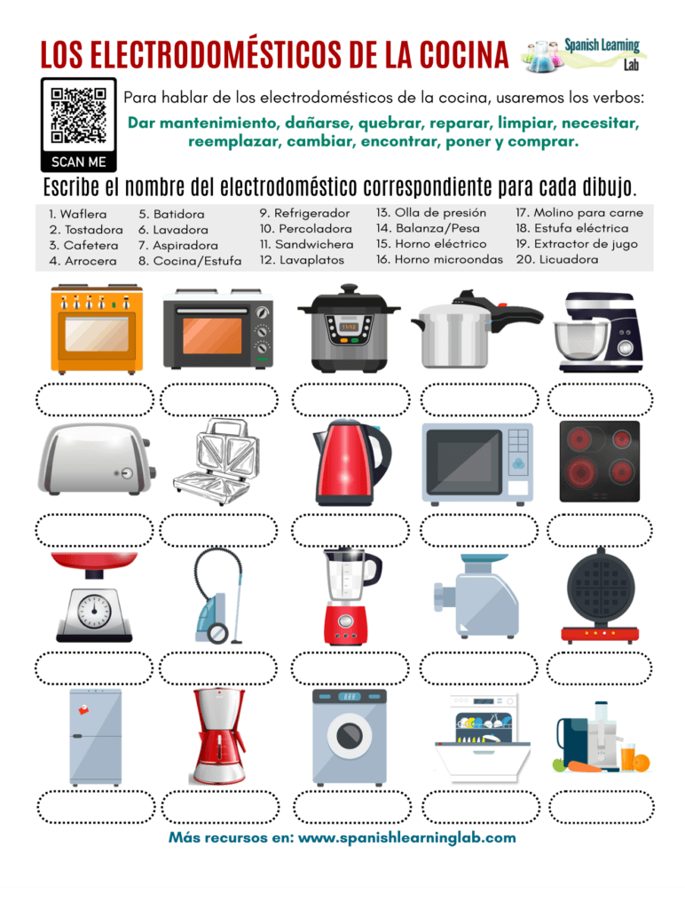 Kitchen appliances in Spanish PDF worksheet los electromésticos en español hoja de trabajo ejercicios