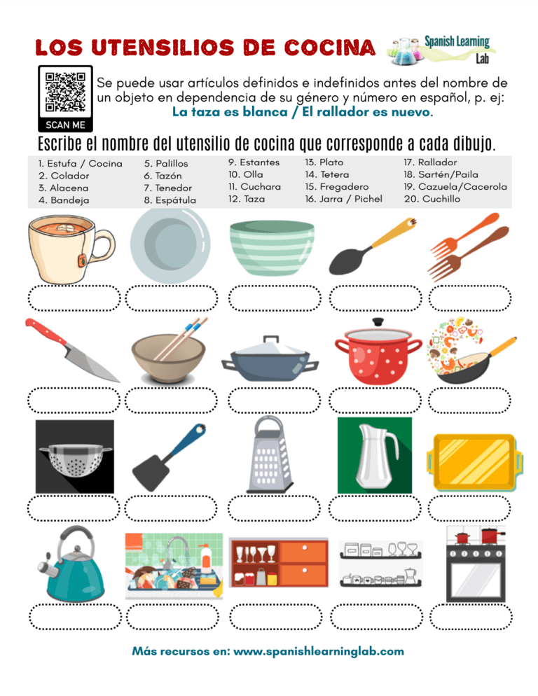 Kitchen Utensils in Spanish PDF Worksheet Spanish Learning Lab