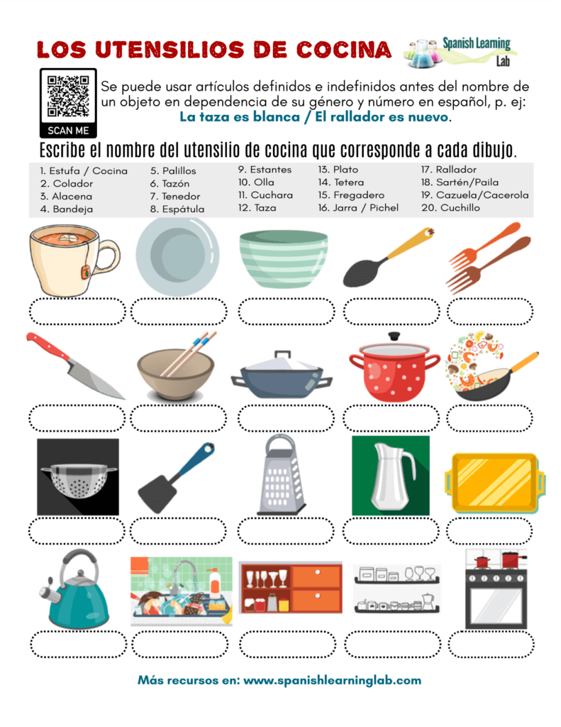 los utensilios de la cocina español hoja de trabajo kitchen utensils worksheet spanish pdf