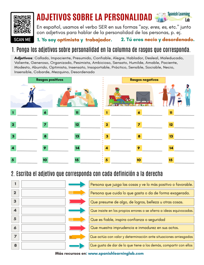 personality adjectives in Spanish vocabulary pdf worksheet adjetivos de personalidad en español ejercicios