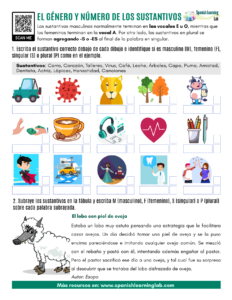 spanish nouns gender and number pdf worksheet spanishlearninglab