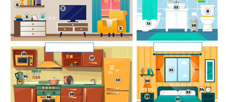 house objects and furniture in Spanish pdf worksheet objetos de la casa y muebles en español ejercicios