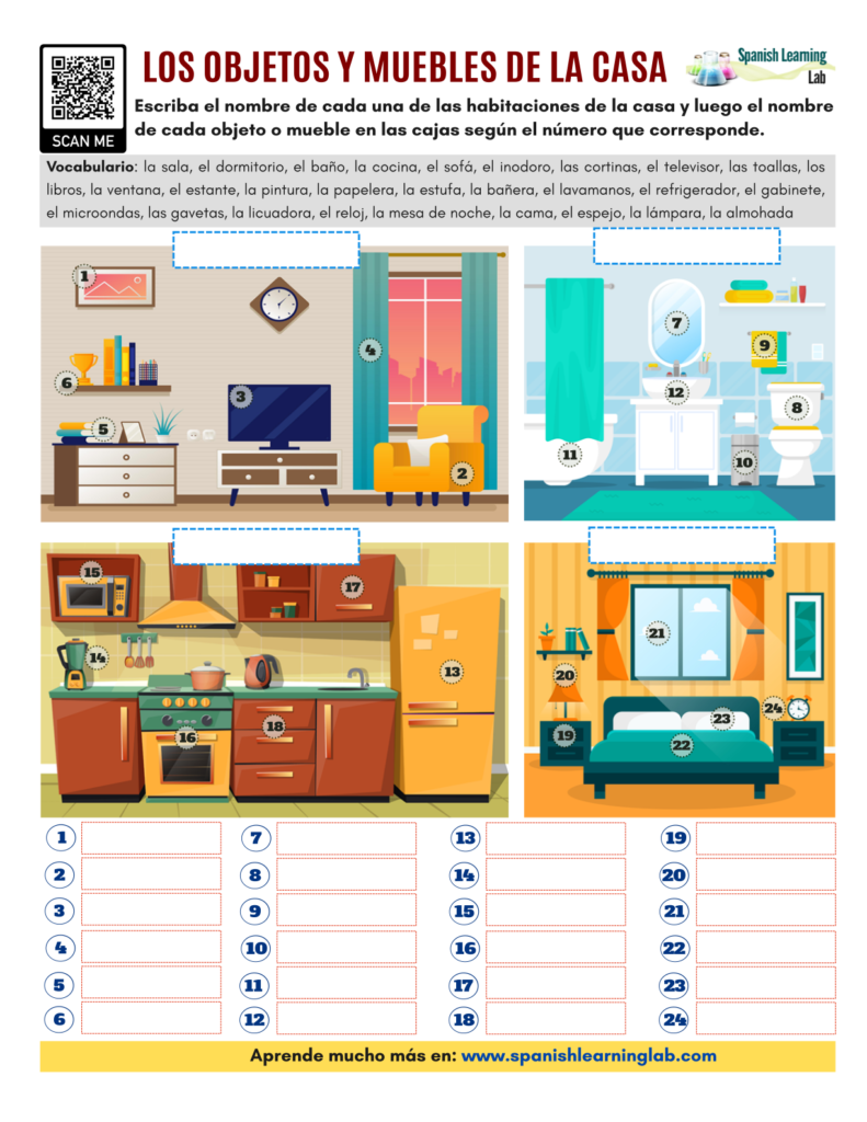 house objects and furniture in Spanish pdf worksheet objetos de la casa y muebles en español ejercicios