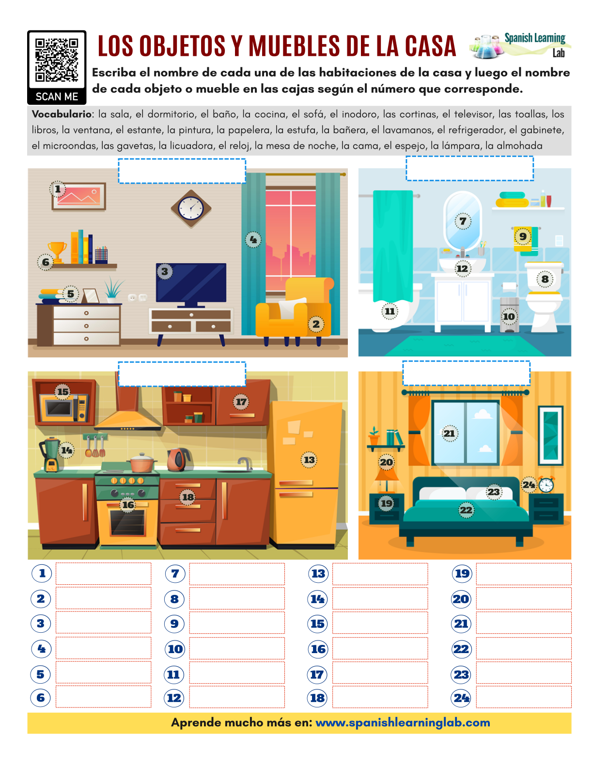 Spanish Household Items Vocabulary Matching Worksheet & Answer Key