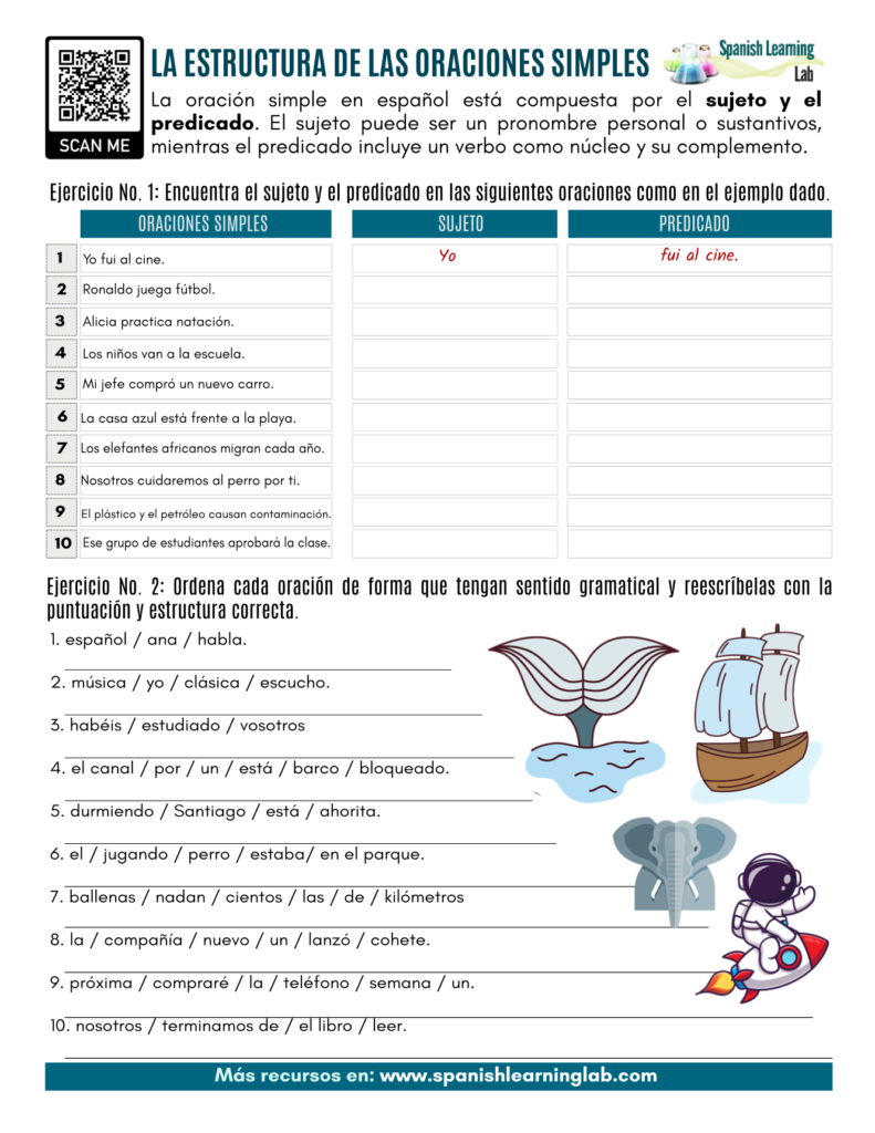 la estructura de las oraciones simples en español ejercicios basic sentence structure in Spanish pdf worksheet