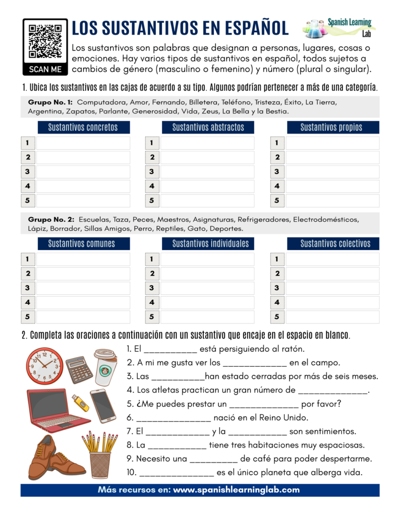los sustantivos en español ejercicios spanish nouns pdf worksheet