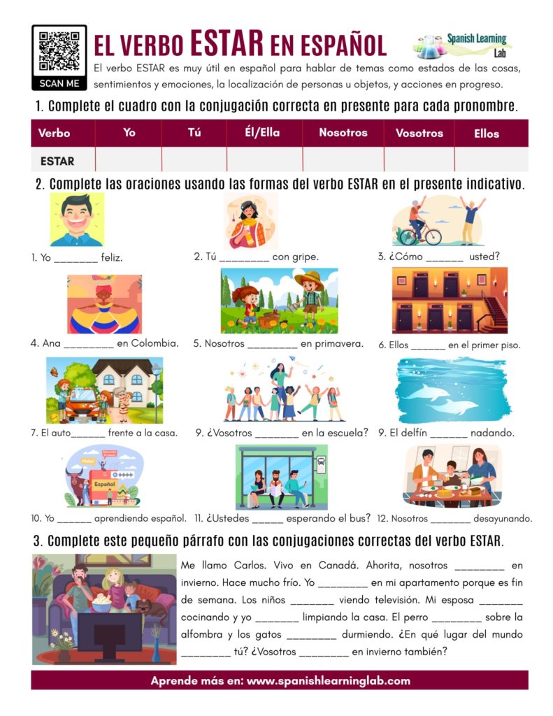 The Verb ESTAR In Spanish PDF Worksheet Spanish Learning Lab