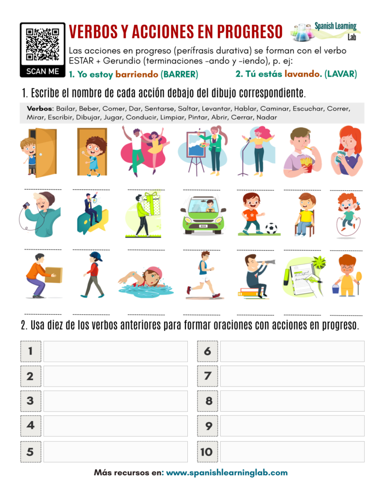 verbos y acciones en progreso en español action verbs in Spanish pdf worksheet