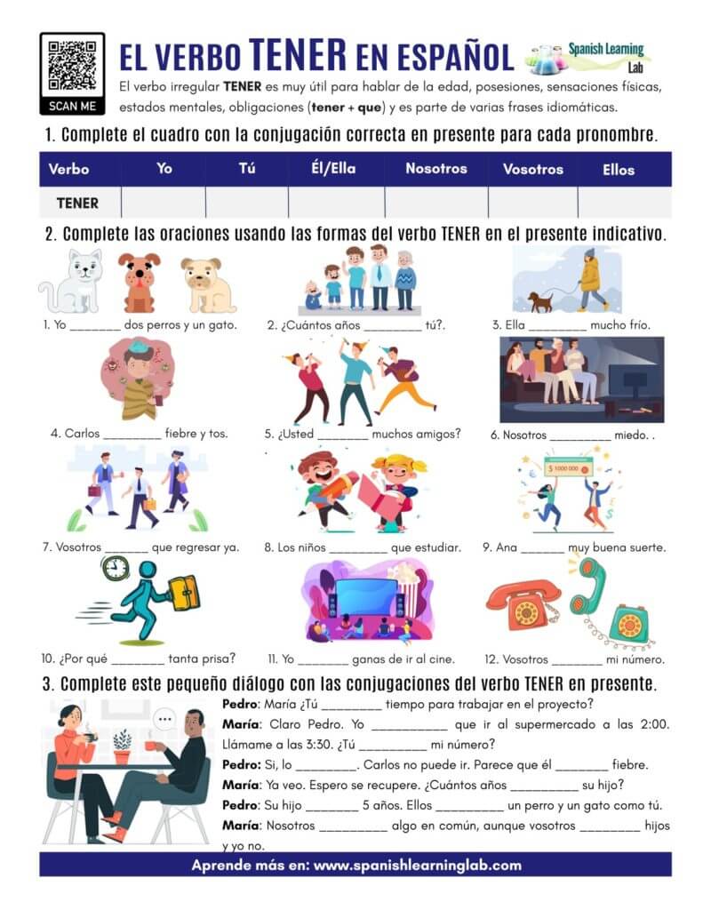 el verbo TENER en español ejercicios the verb TENER PDF Worksheet