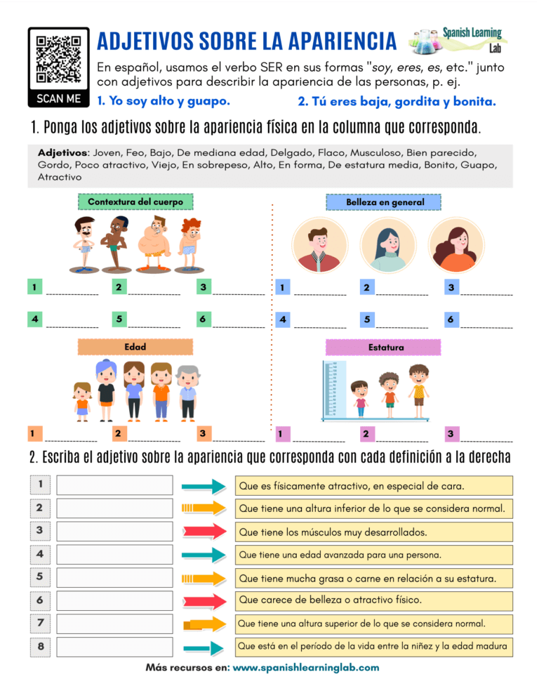 Adjectives For Appearance In Spanish PDF Worksheet Spanish Learning Lab