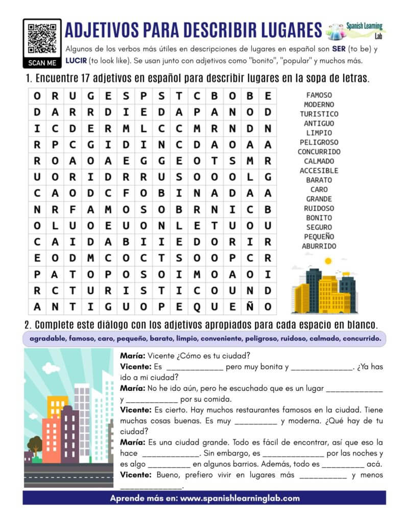 adjetivos para describir lugares español ejercicios adjectives for places in Spanish pdf worksheet