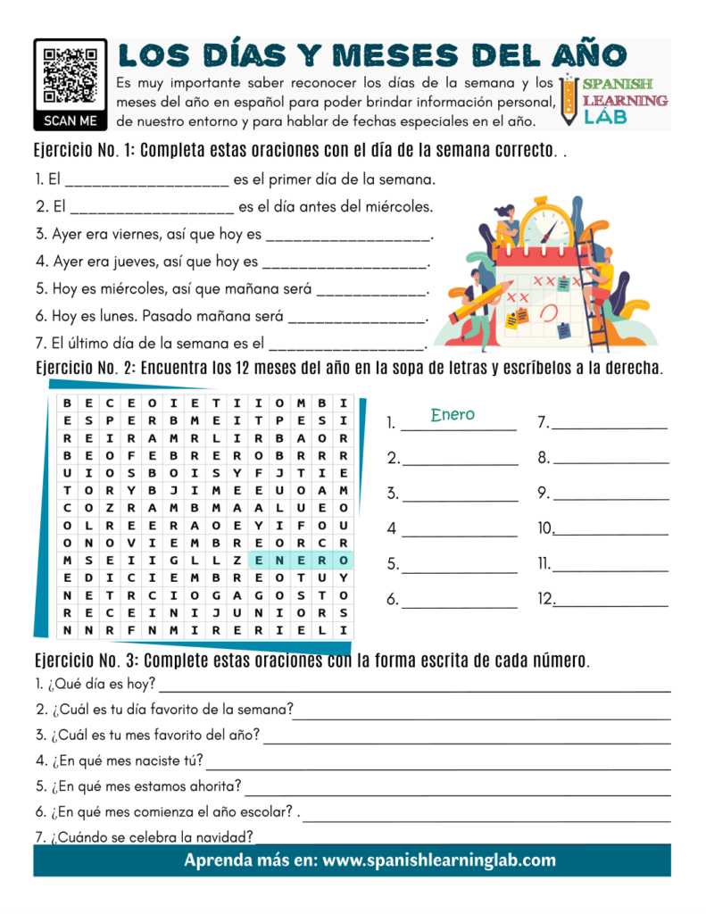 days months Spanish PDF Worksheet los días y meses en español