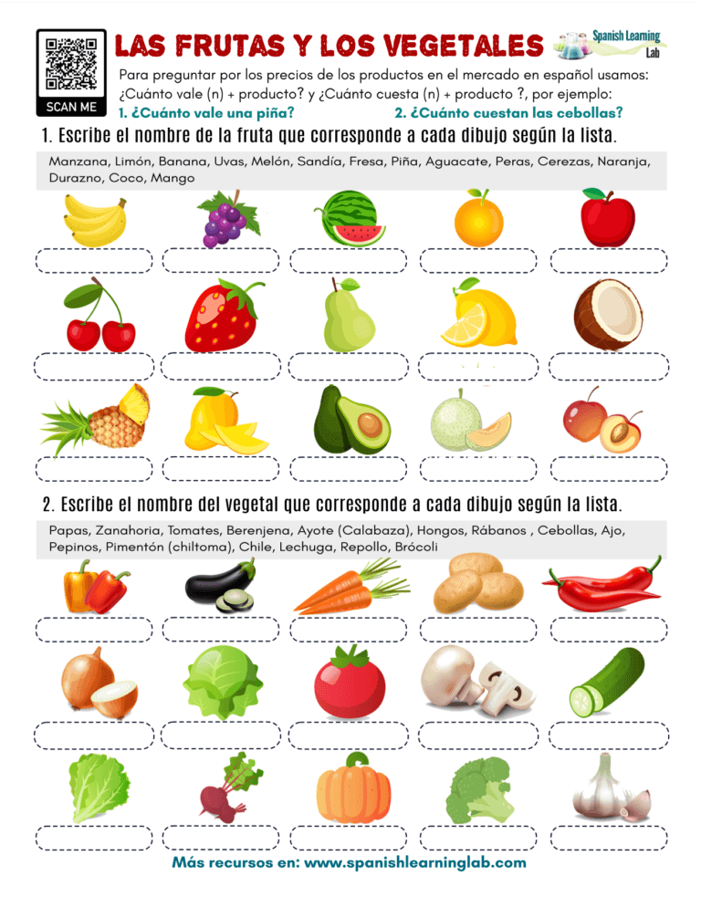 Fruits and vegetables in Spanish PDF Worksheet SpanishLearningLab