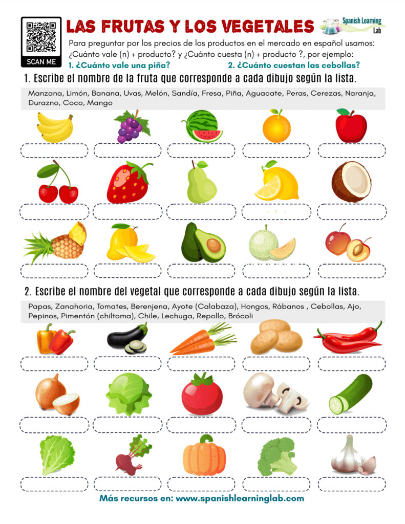 frutas y vegetales español ejercicios fruits and vegetables Spanish PDF worksheet