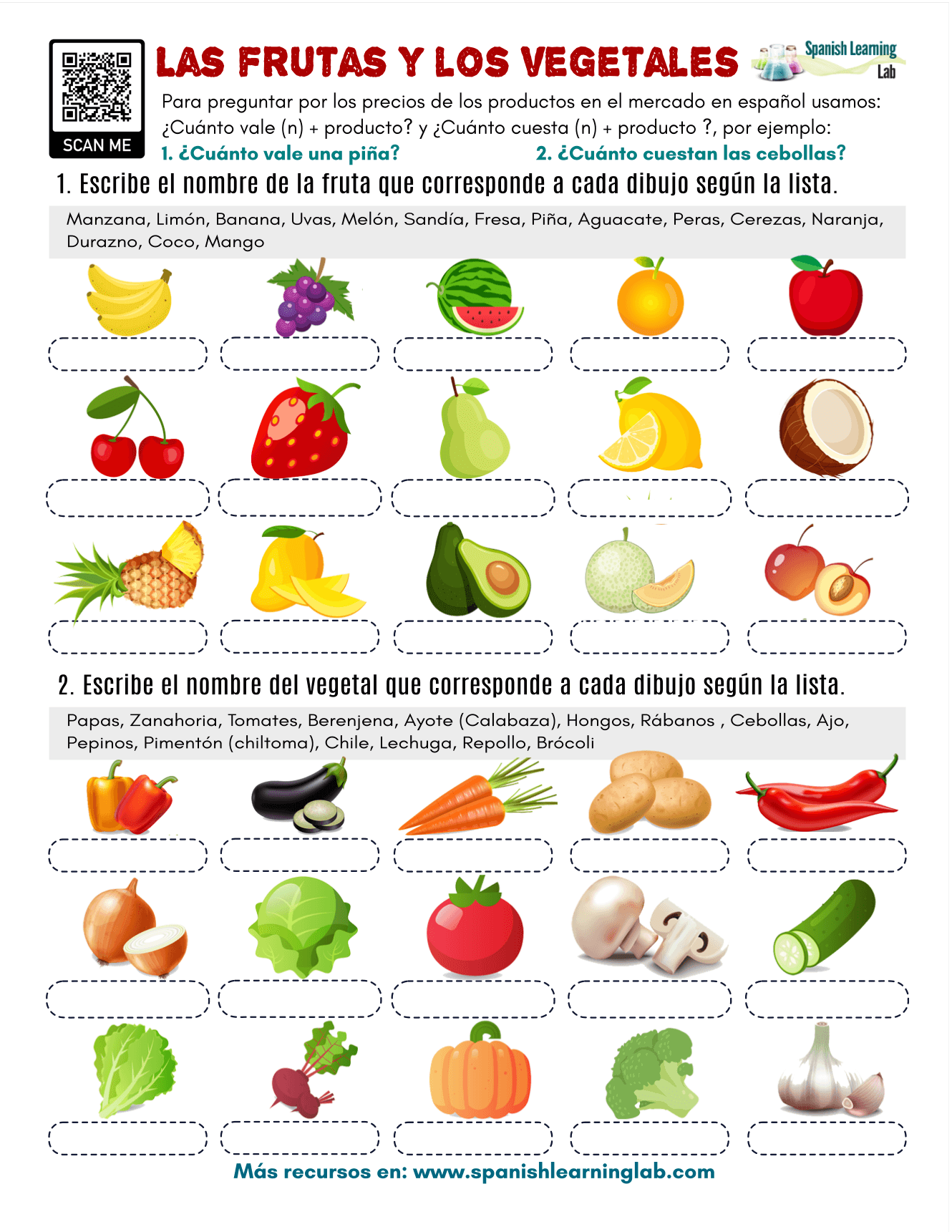 Frutas y Vegetales en Español - Ejercicios en PDF - SpanishLearningLab