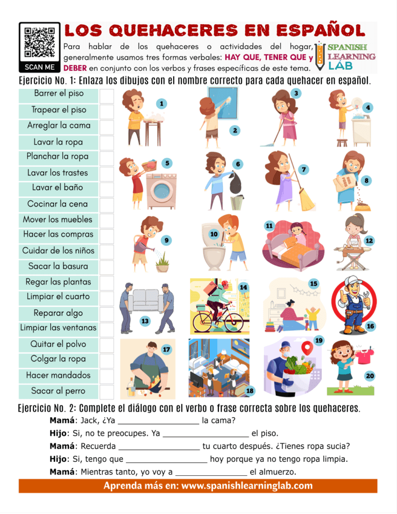 los quehaceres en español ejercicios spanish household chores pdf worksheet