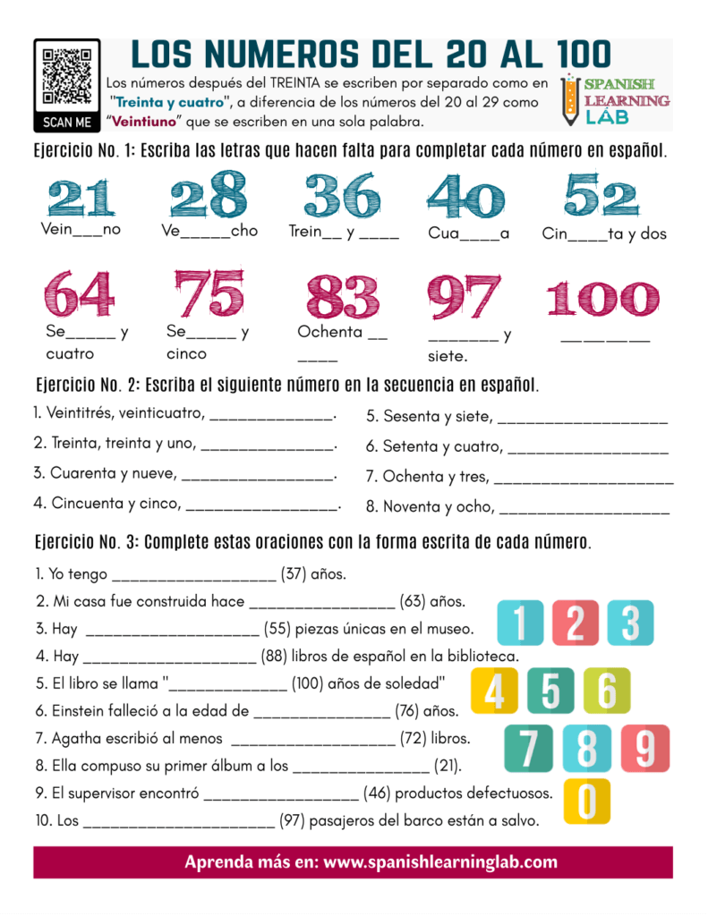 Numbers from 20 to 100 Spanish PDF Worksheet Los números ejercicios español
