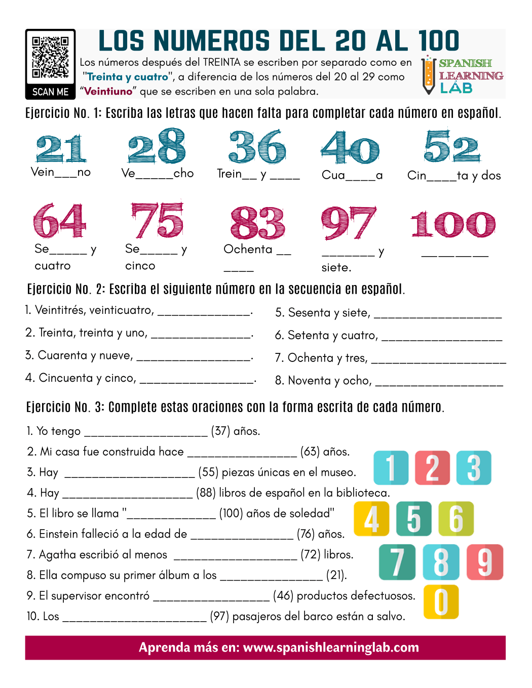 Numbers In Spanish From 20 To 100 Pdf Worksheet Spanish Learning Lab