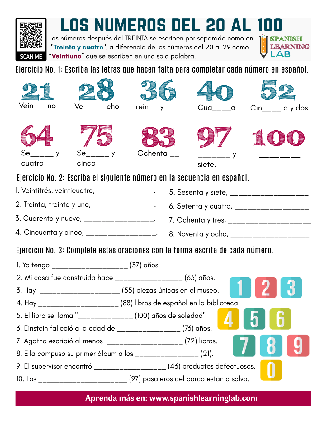 Numbers In Spanish From 20 To 100 PDF Worksheet Spanish Learning Lab