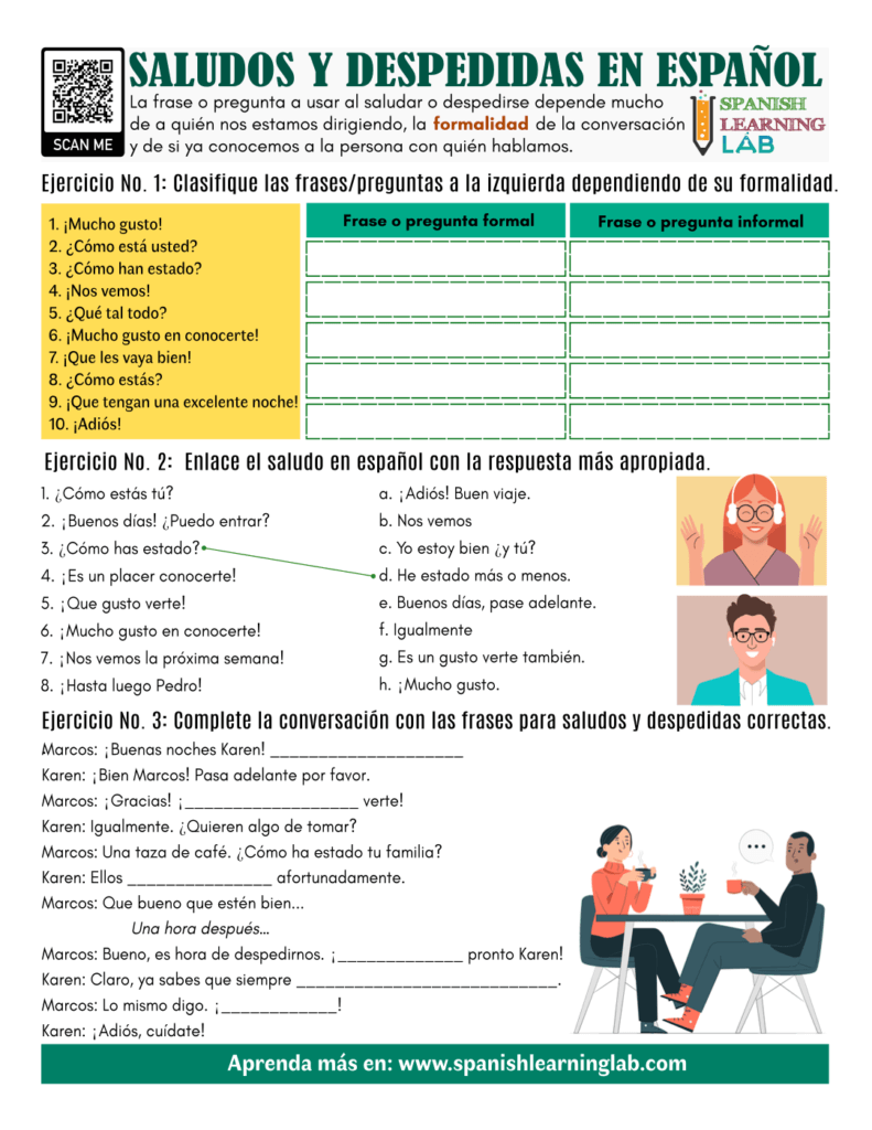 Saludos y despedidas en español ejercicios pdf Spanish greetings and farewells pdf worksheet