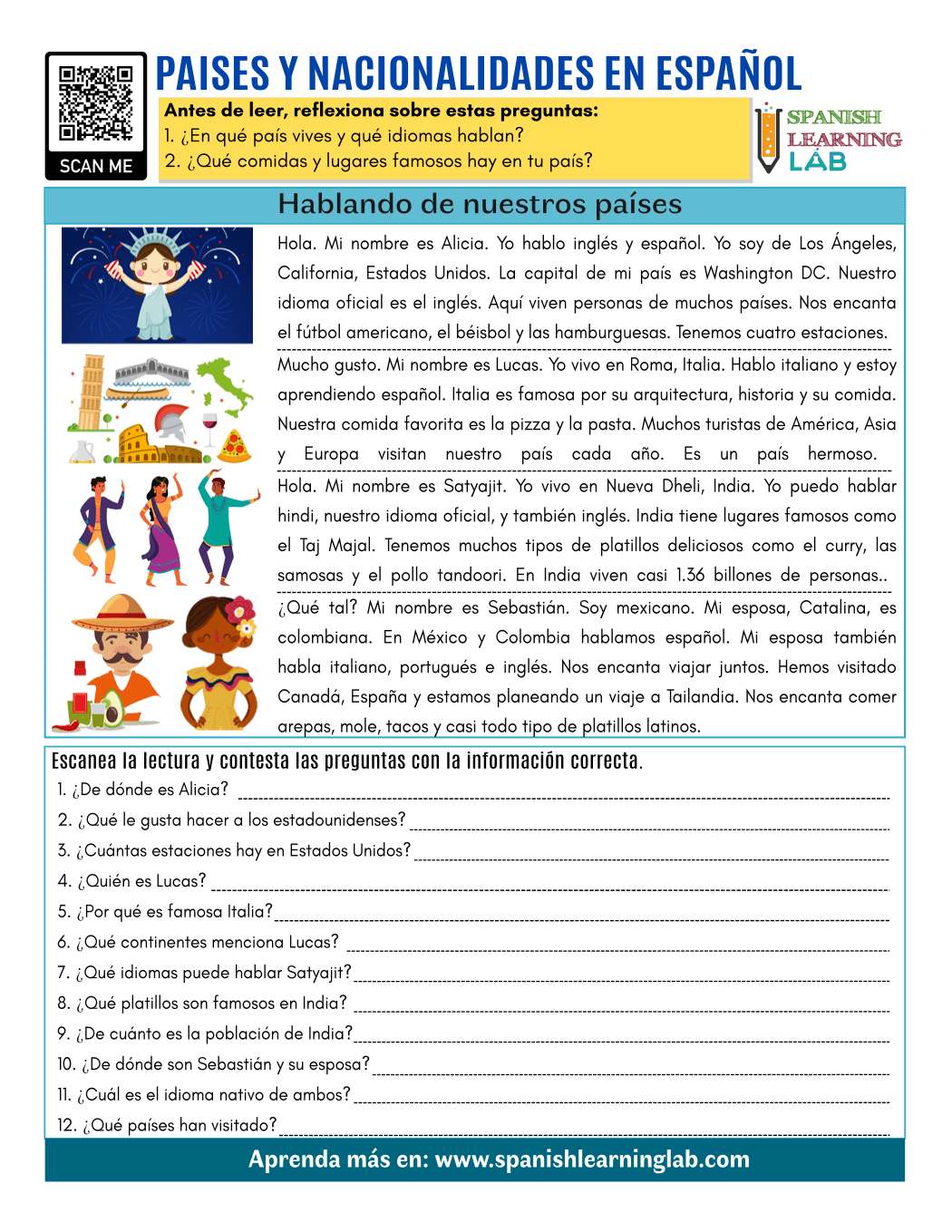 Countries and Nationalities in Spanish - PDF Reading Worksheet Pertaining To Spanish Reading Comprehension Worksheet