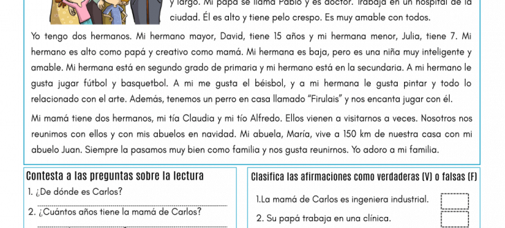 relaciones familiares español family relationships Spanish pdf reading worksheet