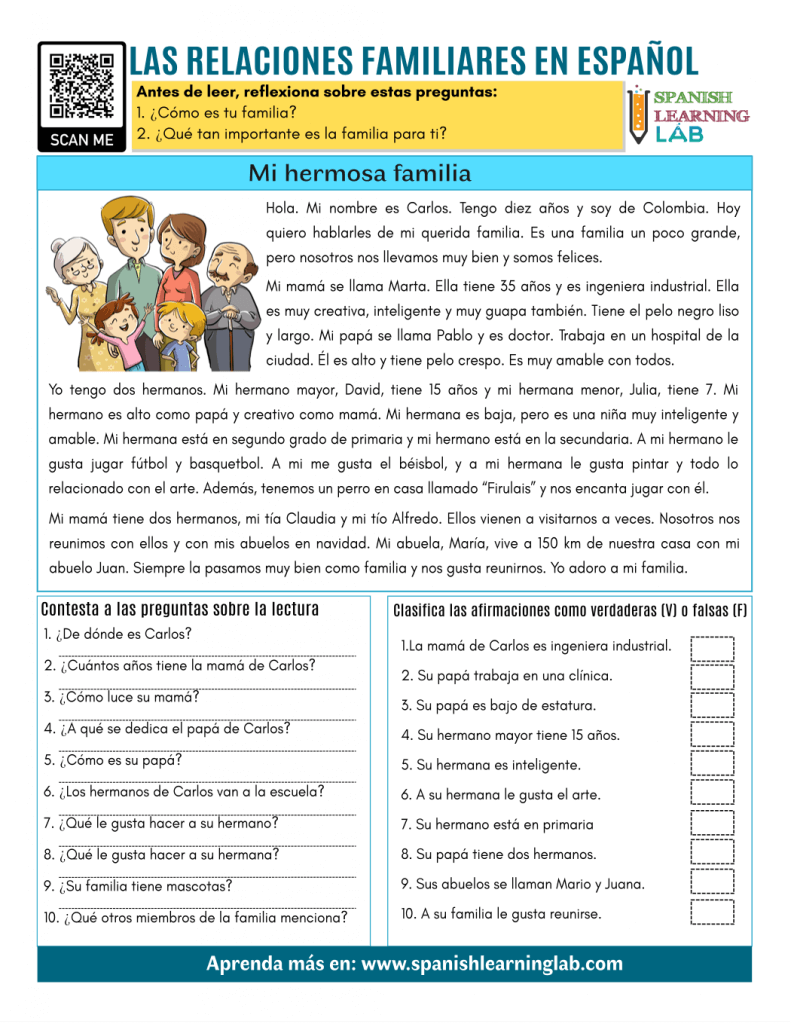 relaciones familiares español family relationships Spanish pdf reading worksheet