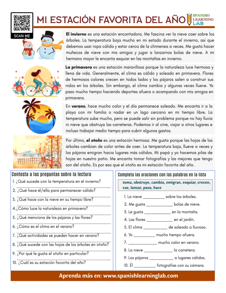 mi estación favorita en español lectura ejercicios my favorite season in Spanish reading pdf worksheet