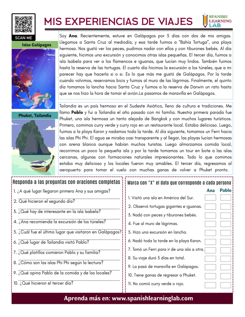 mis experiencias de viaje lectura ejercicios my travel experiences pdf reading worksheet