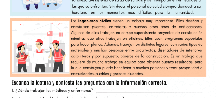 trabajos importantes español lectura important jobs in Spanish pdf reading worksheet