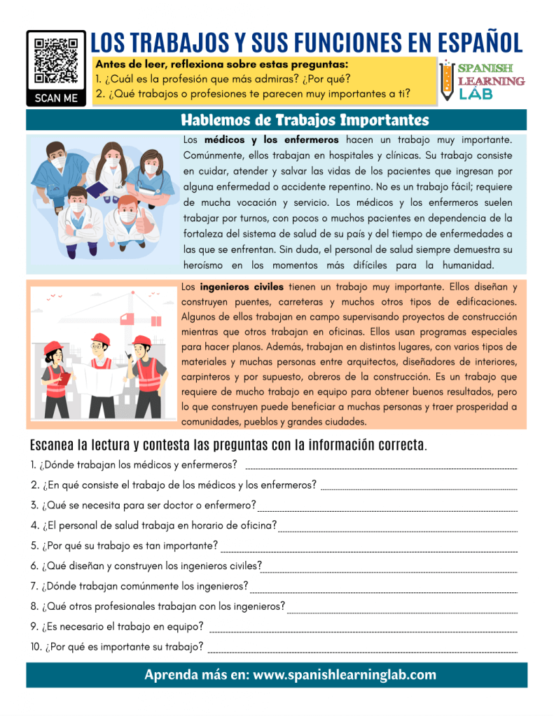Important jobs in Spanish - PDF Reading Worksheet - SpanishLearningLab With Spanish Reading Comprehension Worksheet