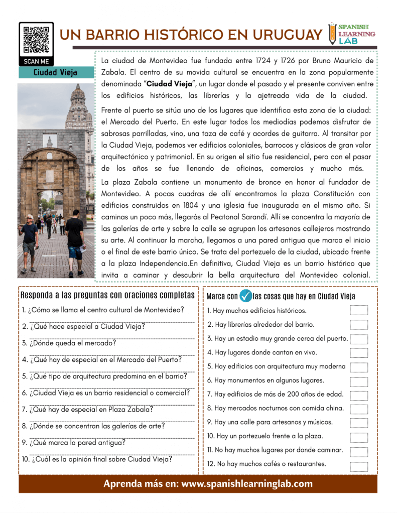 A Historic Neighborhood in Spanish - Reading PDF Worksheet un barrio histórico en español ejercicios lectura