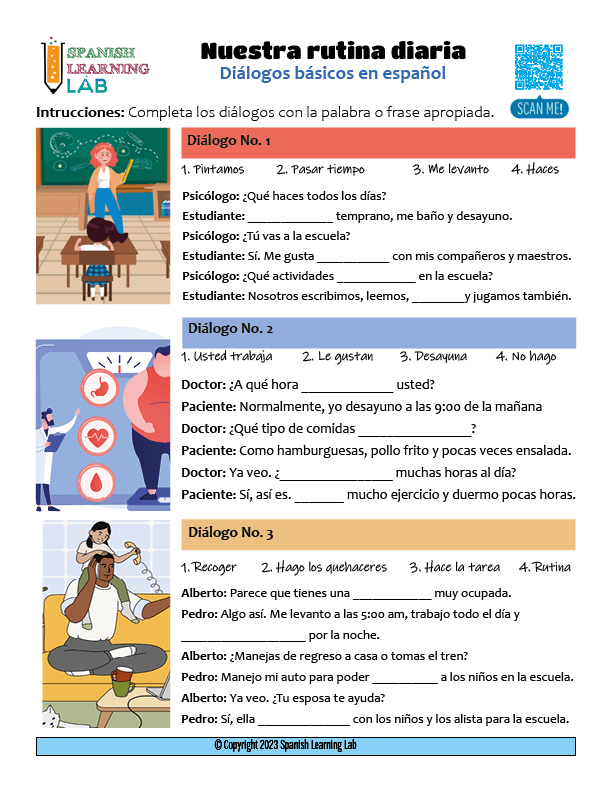 La rutina diaria diálogos y ejercicios - Dialogues on Daily routines in Spanish PDF Worksheet