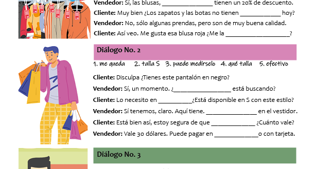 shopping for clothes in Spanish dialogues in PDF - comprando ropa en español ejercicios