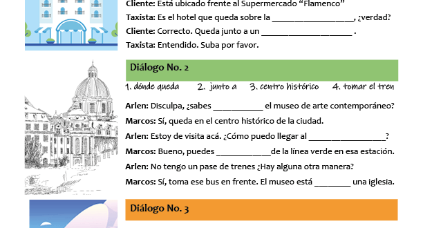 direcciones y lugares en español diálogos giving directions in English PDF worksheet
