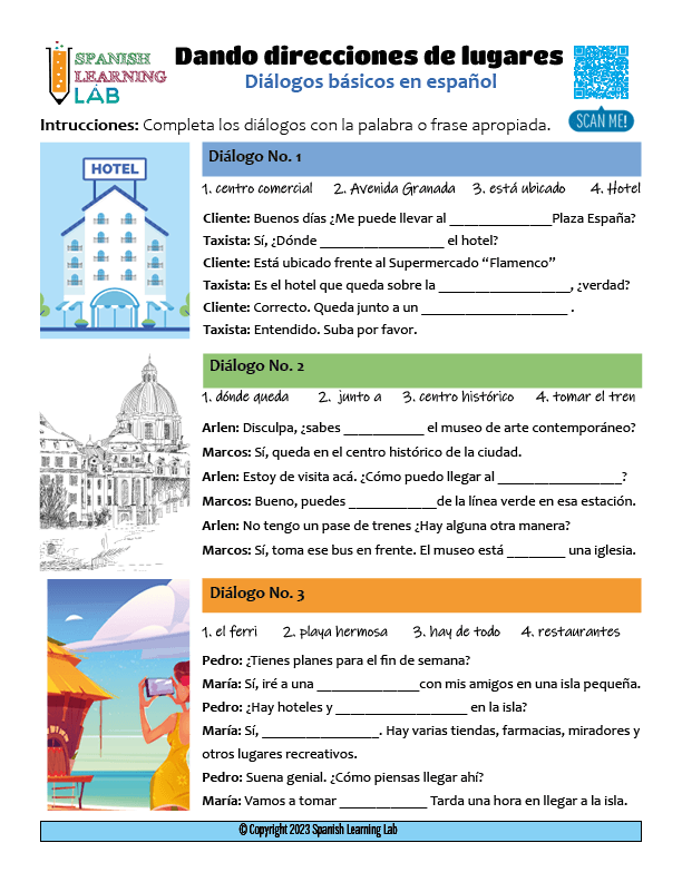 direcciones y lugares en español diálogos giving directions in English PDF worksheet