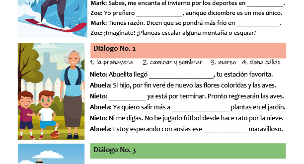 Months and the weather in Spanish Dialogues in PDF - Diálogos sobre los meses del año y el clima en español