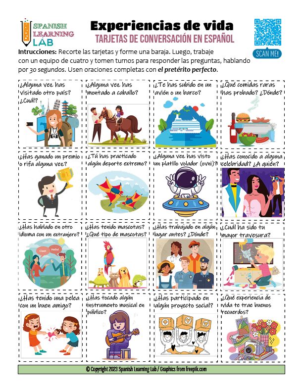 conversation cards about Life experiences in Spanish pdf - tarjetas de conversación sobre experiencias de vida en español