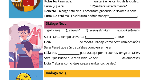 Dialogues about jobs and occupations in Spanish pdf worksheet diálogos con trabajos y ocupaciones en español