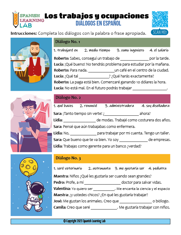 Dialogues about jobs and occupations in Spanish pdf worksheet diálogos con trabajos y ocupaciones en español