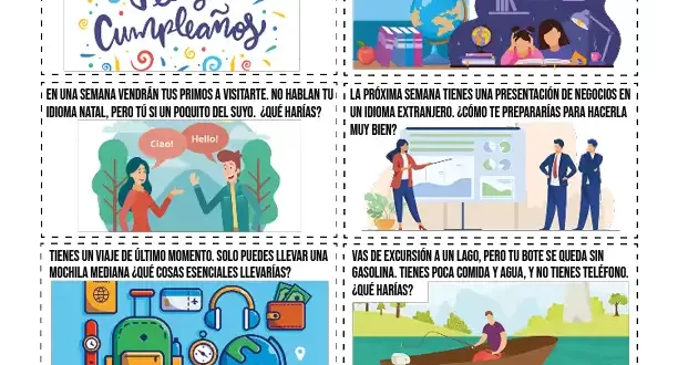 Problem Solving Scenarios in Spanish Conversation Cards in PDF - escenarios para resolucion de problemas en español