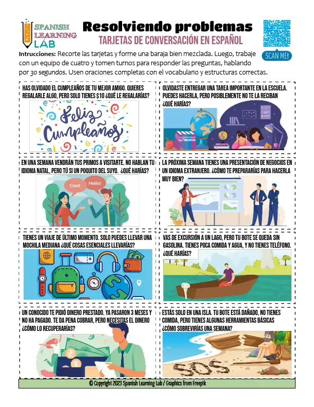 Problem Solving Scenarios in Spanish Conversation Cards in PDF - escenarios para resolucion de problemas en español