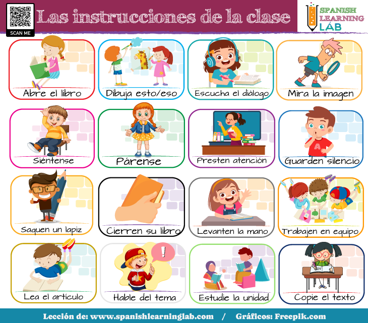 Common classroom commands in Spanish vocabulary and listening activities