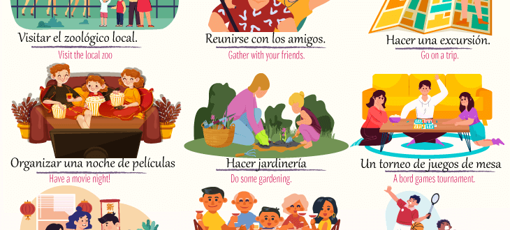 An illustration showing some popular hobbies and weekend activities in Spanish