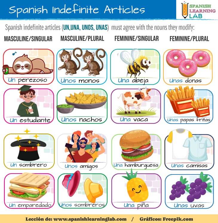 Using Spanish indefinite articles with key vocabulary words in feminine, masculine, singular and plural forms