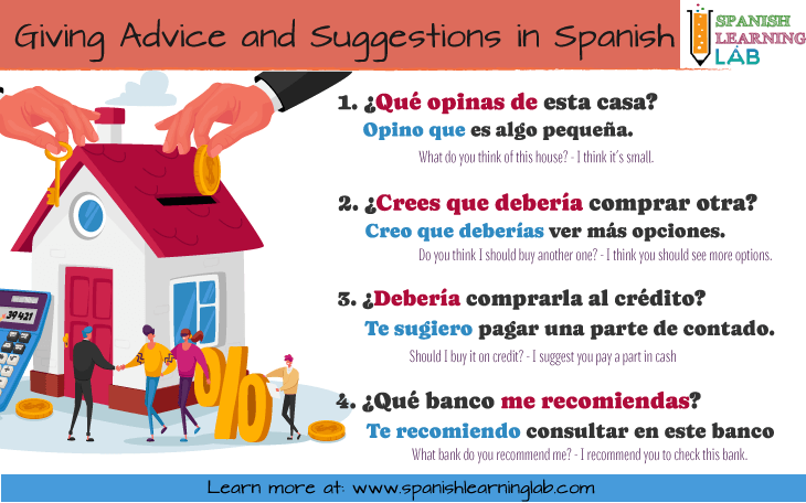 Key expressions and questions to give advice and ask for suggestions in Spanish